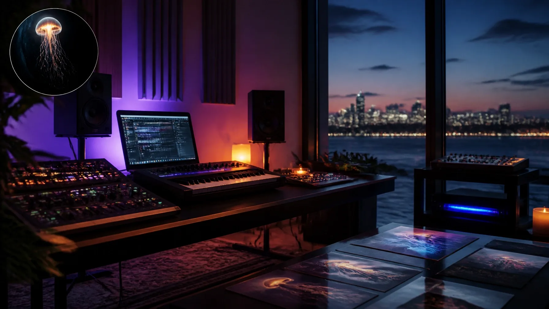 A neon-lit music production studio overlooking a city at dusk
